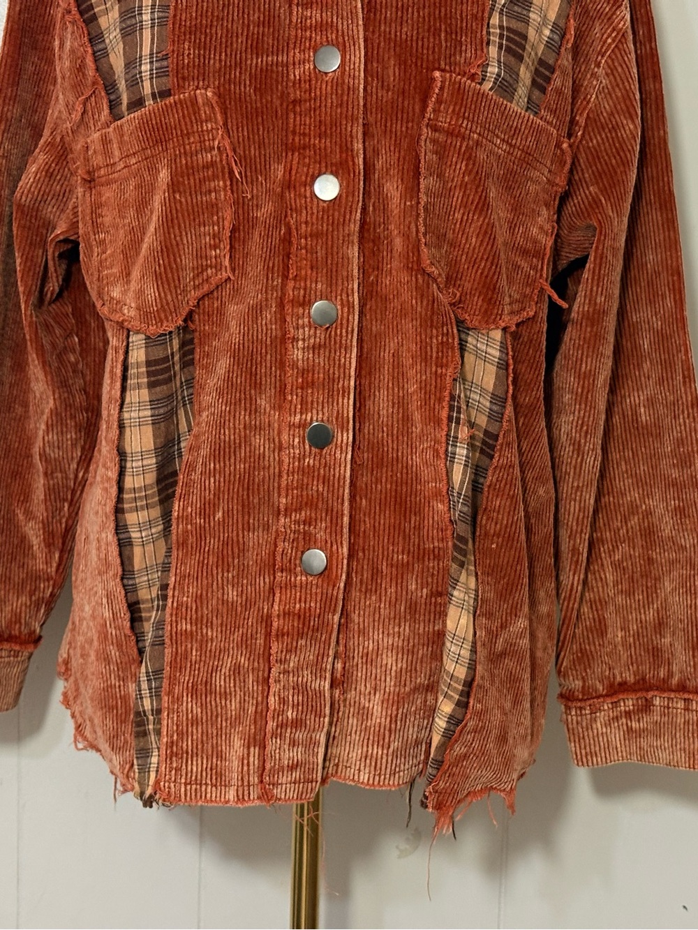 POL Patchwork Corduroy Plaid Shacket Rust Brown Jacket Size L YWJ3 - Picture 4 of 15
